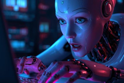 A focused digital marketer typing at a laptop with an expressive surprise face and the words “Human-ising AI”.