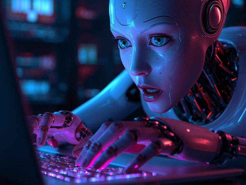 A focused digital marketer typing at a laptop with an expressive surprise face and the words “Human-ising AI”.