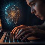 A digital marketer intensely typing on a glowing laptop, half-lit by human warmth and half by cold AI code, representing the conflict in creating AI-proof content.