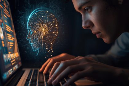 A digital marketer intensely typing on a glowing laptop, half-lit by human warmth and half by cold AI code, representing the conflict in creating AI-proof content.