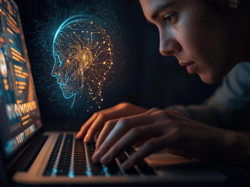 A digital marketer intensely typing on a glowing laptop, half-lit by human warmth and half by cold AI code, representing the conflict in creating AI-proof content.