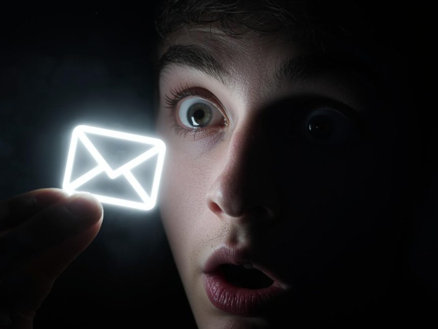 A surprised creator pointing at rising analytics charts on a bright screen, expressing excitement about Influencer-Affiliate Hybrids.