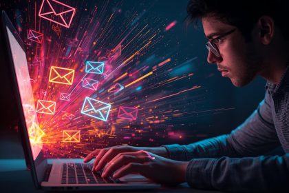 A marketer smiling while typing a personalized email, with glowing inbox icons symbolizing engagement and AI-powered subject lines.