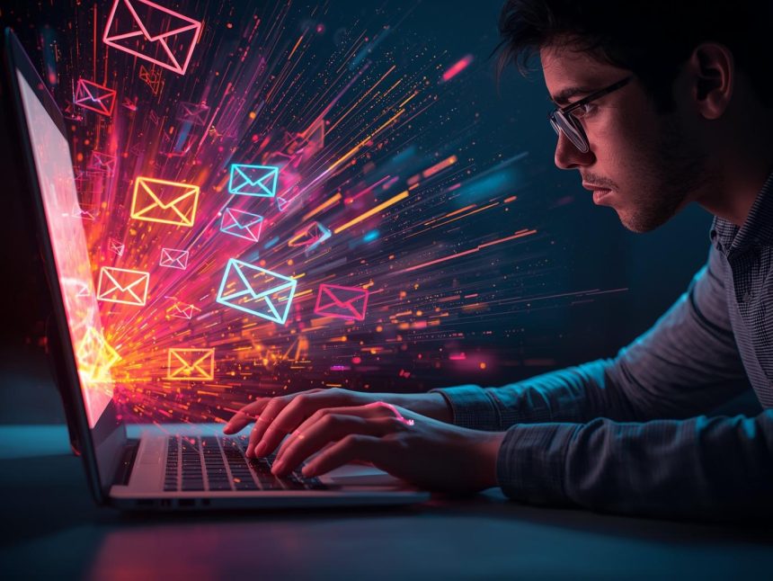 A marketer smiling while typing a personalized email, with glowing inbox icons symbolizing engagement and AI-powered subject lines.