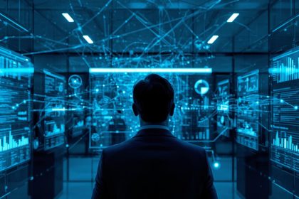 A smiling customer viewing synced loyalty rewards across phone, lap