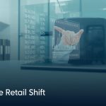 A diverse hand decisively points at a glowing, upward-trending chart on a minimalist desk, symbolizing the dramatic shift toward AI-Powered Personalization in retail.