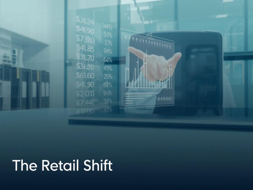 A diverse hand decisively points at a glowing, upward-trending chart on a minimalist desk, symbolizing the dramatic shift toward AI-Powered Personalization in retail.