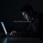 Confident presenter points to a rising performance chart, audience engaged; first-party data and Customer Data Platforms post-cookie theme.