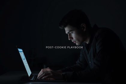 Confident presenter points to a rising performance chart, audience engaged; first-party data and Customer Data Platforms post-cookie theme.