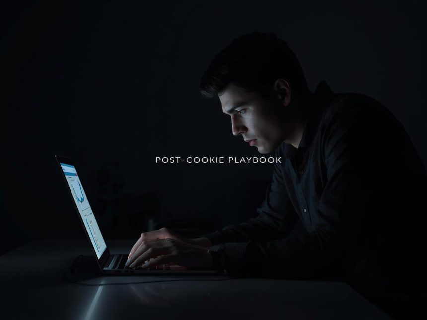 Confident presenter points to a rising performance chart, audience engaged; first-party data and Customer Data Platforms post-cookie theme.