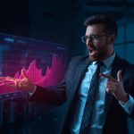 Marketer watching AI dashboard forecast the next viral trend in real time with excitement.