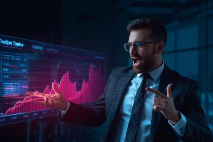 Marketer watching AI dashboard forecast the next viral trend in real time with excitement.