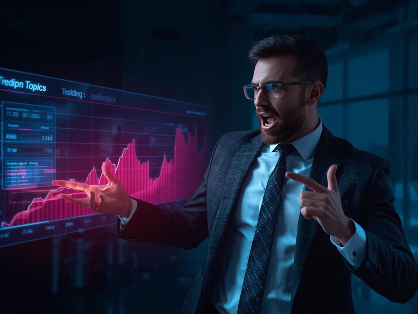 Marketer watching AI dashboard forecast the next viral trend in real time with excitement.