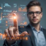 Marketer pointing at glowing data chart showing predictive lifetime value trends, anticipation and insight revealed.