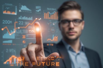 Marketer pointing at glowing data chart showing predictive lifetime value trends, anticipation and insight revealed.