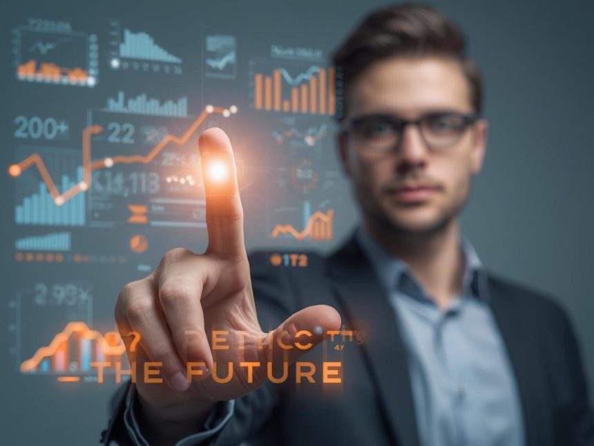 Marketer pointing at glowing data chart showing predictive lifetime value trends, anticipation and insight revealed.