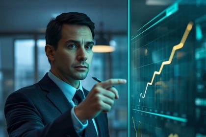 Confident planner presenting tight forecast vs actuals on a clear dashboard; inclusive team watching; predictive analytics for demand forecasting.