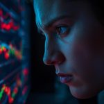 A marketer reacting with focus to a glowing predictive dashboard, showing emotional intensity connected to predictive campaign testing.