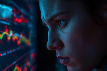 A marketer reacting with focus to a glowing predictive dashboard, showing emotional intensity connected to predictive campaign testing.