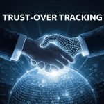 Digital illustration of a human hand shaking an AI data-grid hand over glowing customer data, symbolizing a shift to ethical, consented marketing.