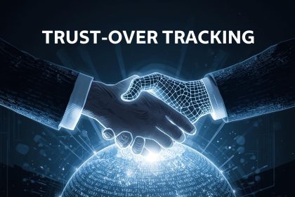 Digital illustration of a human hand shaking an AI data-grid hand over glowing customer data, symbolizing a shift to ethical, consented marketing.