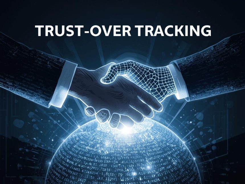 Digital illustration of a human hand shaking an AI data-grid hand over glowing customer data, symbolizing a shift to ethical, consented marketing.