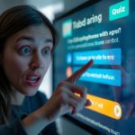 Marketer with excited facial expression pointing at a browser window showing a quiz titled “Which Marketing Persona Are You?”, emphasising Personalized Quiz Funnels.