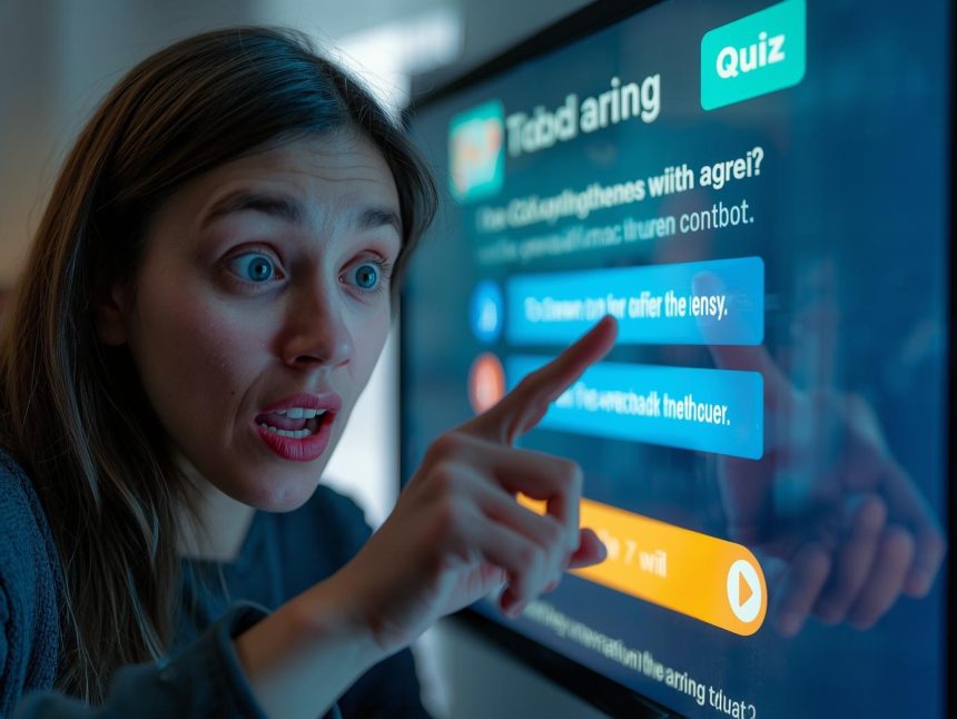 Marketer with excited facial expression pointing at a browser window showing a quiz titled “Which Marketing Persona Are You?”, emphasising Personalized Quiz Funnels.
