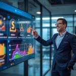 A focused marketer points at a glowing ROI dashboard, symbolizing profit intelligence and the ROAS vs ROI debate in 2025.