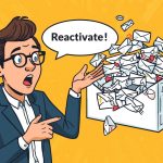 A delighted digital marketer pointing at a rising retention graph and inbox banner reading “Win Them Back”, illustrating reactivation flows that reduce customer churn.