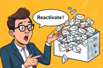 A delighted digital marketer pointing at a rising retention graph and inbox banner reading “Win Them Back”, illustrating reactivation flows that reduce customer churn.