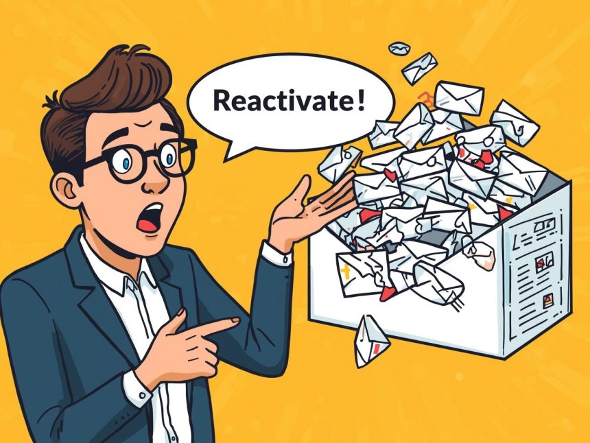 A delighted digital marketer pointing at a rising retention graph and inbox banner reading “Win Them Back”, illustrating reactivation flows that reduce customer churn.