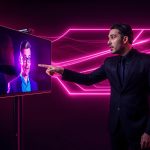 A marketer reacts in awe to a lifelike virtual influencer displayed on a holographic screen, symbolizing the rise of virtual influencers in brand storytelling.