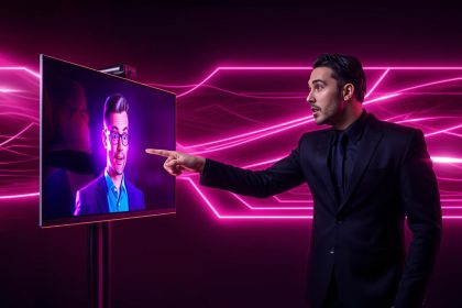 A marketer reacts in awe to a lifelike virtual influencer displayed on a holographic screen, symbolizing the rise of virtual influencers in brand storytelling.