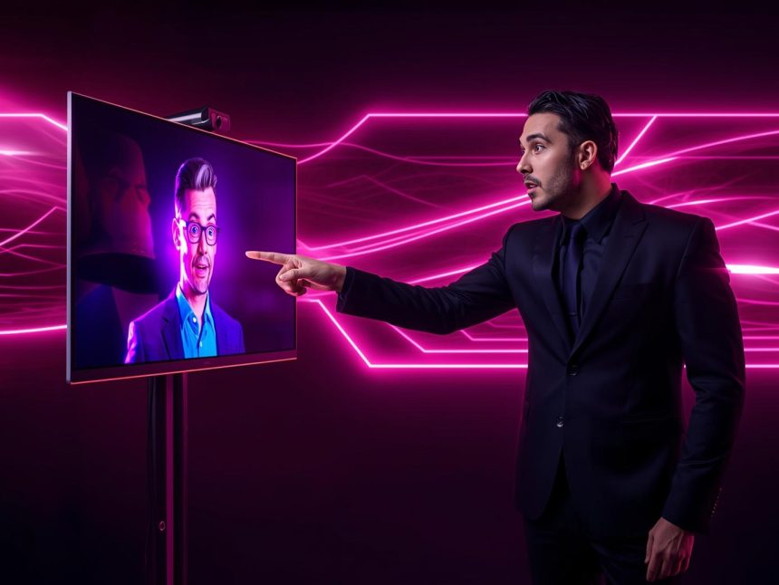A marketer reacts in awe to a lifelike virtual influencer displayed on a holographic screen, symbolizing the rise of virtual influencers in brand storytelling.