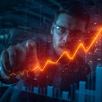 Marketer pointing to a glowing lead score dashboard with a confident expression, illustrating lead scoring automation.