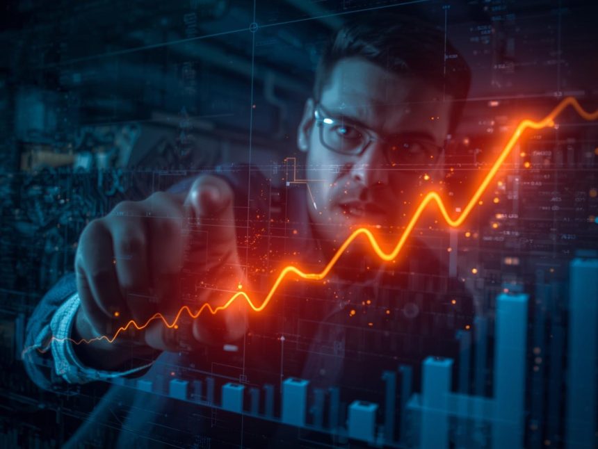 Marketer pointing to a glowing lead score dashboard with a confident expression, illustrating lead scoring automation.