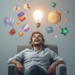 Triumphant hands holding a glowing smartphone with a 'LEVEL UP' screen, symbolizing the success of an AI-Powered Gamification marketing campaign