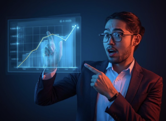 Digital marketer with glasses, diverse ethnicity, pointing at a volatile, AI-optimized budget graph on a screen, reflecting the surprise of AI-Driven Budget Optimization insights.