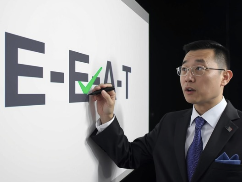 Focused digital marketer applying a green checkmark over the E-E-A-T logo, symbolizing the successful integration of E-E-A-