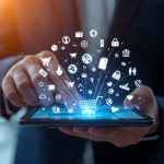 A surprised professional points at a digital fulfilment map overlay on a store and mobile app, illustrating “Omnichannel Fulfillment and Customer Experience”.