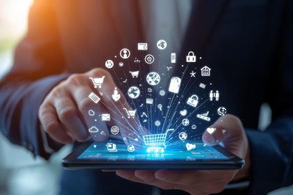 A surprised professional points at a digital fulfilment map overlay on a store and mobile app, illustrating “Omnichannel Fulfillment and Customer Experience”.