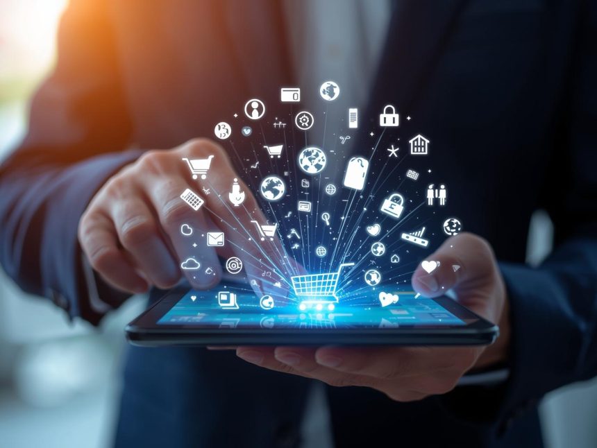 A surprised professional points at a digital fulfilment map overlay on a store and mobile app, illustrating “Omnichannel Fulfillment and Customer Experience”.