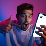 Young content creator pointing at phone screen showing the text TikTok SEO, expressing surprise and discovery.