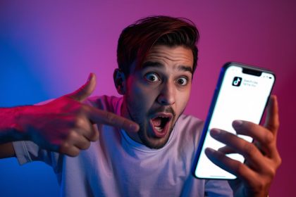 Young content creator pointing at phone screen showing the text TikTok SEO, expressing surprise and discovery.