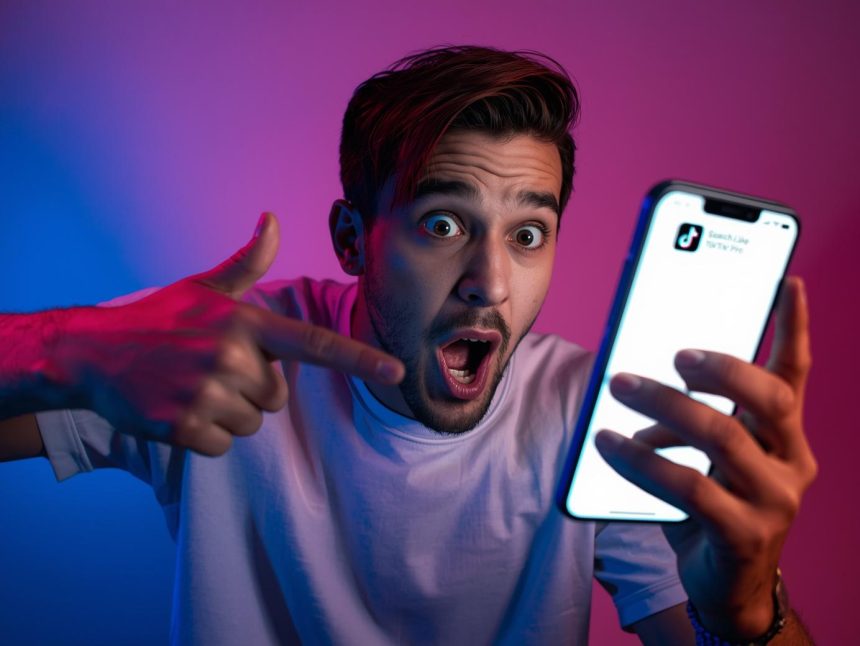 Young content creator pointing at phone screen showing the text TikTok SEO, expressing surprise and discovery.