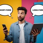 Content creator surprised face, split screen showing a 30-second clip on left and a 2 000-word article on right, highlighting the “Long-form vs