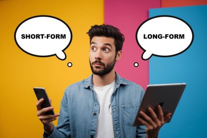 Content creator surprised face, split screen showing a 30-second clip on left and a 2 000-word article on right, highlighting the “Long-form vs