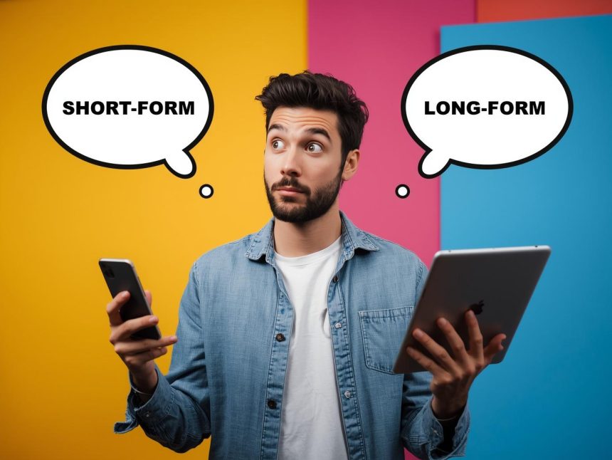 Content creator surprised face, split screen showing a 30-second clip on left and a 2 000-word article on right, highlighting the “Long-form vs