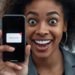 Surprised, diverse person looking at a bright smartphone email, illustrating the positive outcome of a successful dormant lead re-engagement campaign.